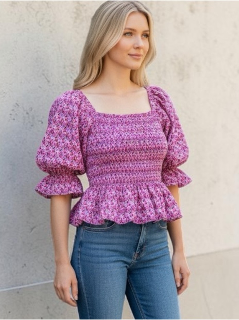 NWT SIMPLY SOUTHERN Pink Smocked Shirred Blouse Ruffle Hem Size L